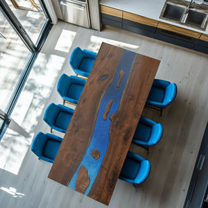 A straight-edge coffee table with a rich wooden surface interspersed with vibrant blue epoxy-resin
