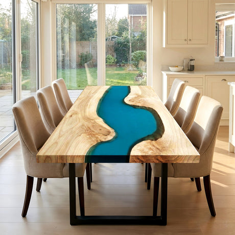 Epoxy Resin Table Ash Wood Lagoon Blue Rectangular Straight Edge Dining Table ECT - 297 - Elitecustomtable