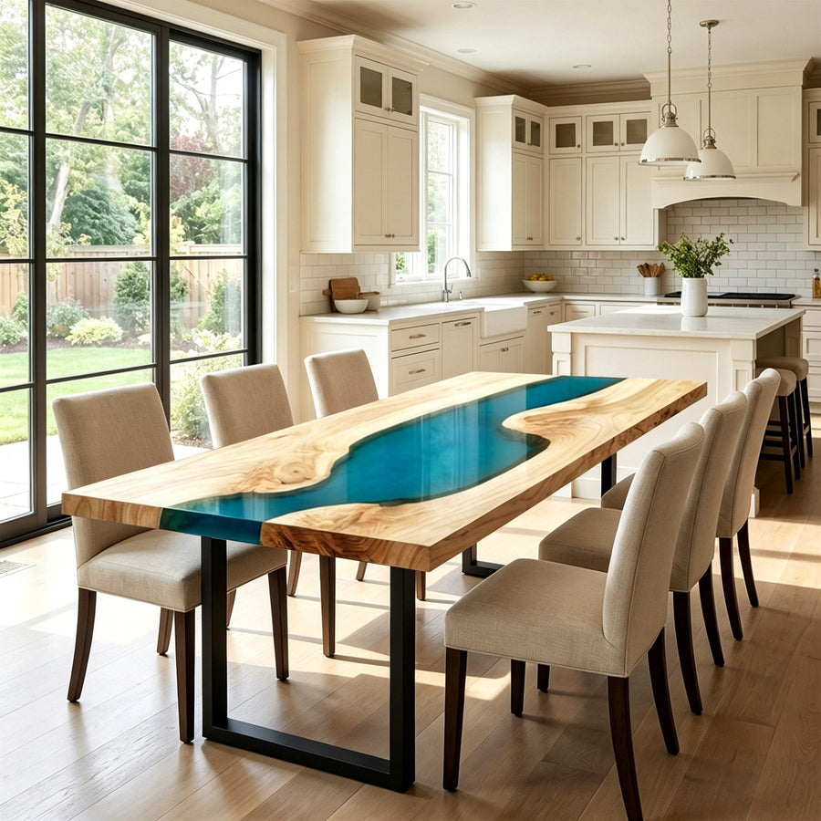 Epoxy Resin Table Ash Wood Lagoon Blue Rectangular Straight Edge Dining Table ECT-297