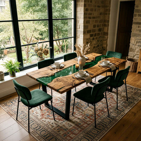 Epoxy River Table Olive Wood Emerald Green Rectangular Straight Edge Dining Table Top ECT - 290 - Elitecustomtable