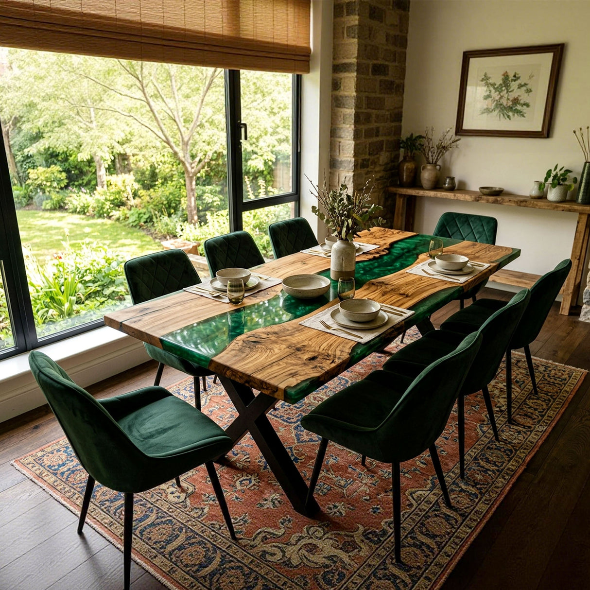 Epoxy River Table Olive Wood Emerald Green Rectangular Straight Edge Dining Table Top ECT - 290 - Elitecustomtable