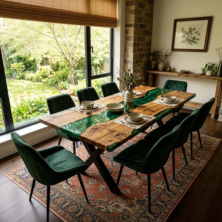 Epoxy River Table Olive Wood Emerald Green Rectangular Straight Edge Dining Table Top ECT-290