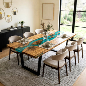 Epoxy River Table Olive Wood Turquoise Rectangular Straight Edge Dining Table Top ECT - 292 - Elitecustomtable