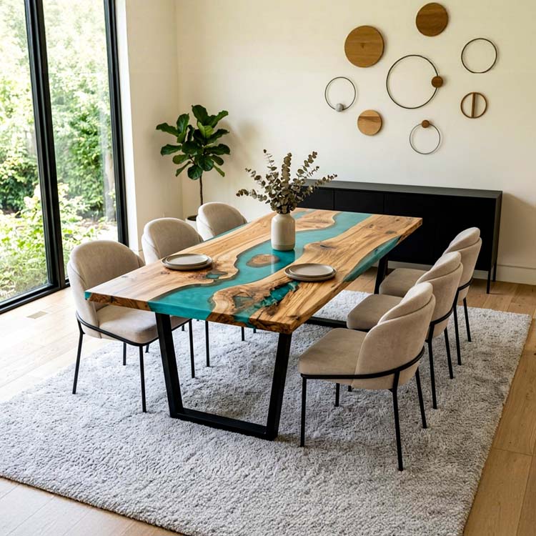Epoxy River Table Olive Wood Turquoise Rectangular Straight Edge Dining Table Top ECT-292