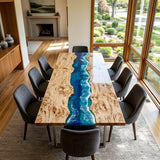 Epoxy River Table Poplar Cobalt Wave Rectangular Straight Edge Ocean Wave Dining Table ECT - 320 - Elitecustomtable