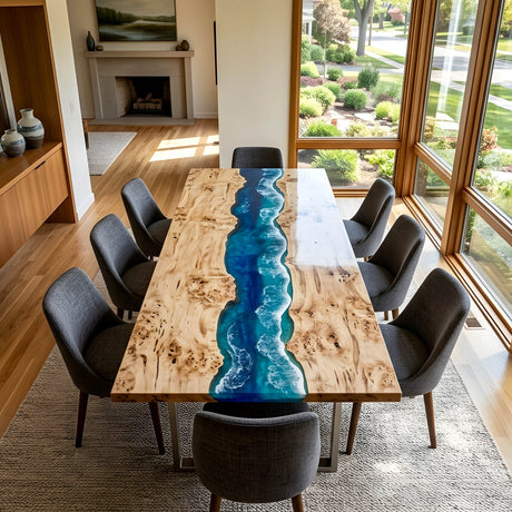 Epoxy River Table Poplar Cobalt Wave Rectangular Straight Edge Ocean Wave Dining Table ECT - 320 - Elitecustomtable