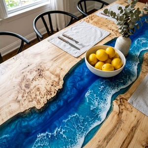 Epoxy River Table Poplar Cobalt Wave Rectangular Straight Edge Ocean Wave Dining Table ECT - 320 - Elitecustomtable