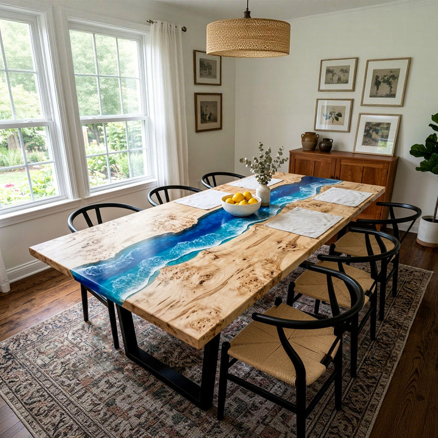 Epoxy River Table Poplar Cobalt Wave Rectangular Straight Edge Ocean Wave Dining Table ECT-320