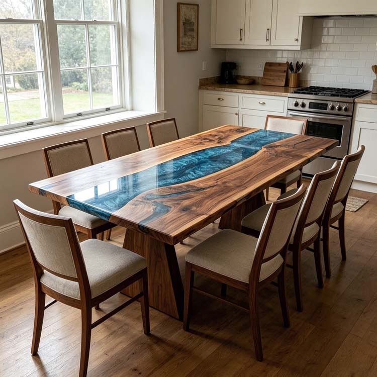 Epoxy River Table Walnut Deep Ocean Blue Rectangular Straight Edge Dining Table ECT-301