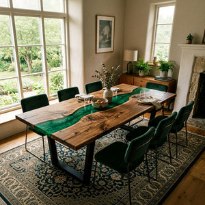 Epoxy River Table Walnut Forest Green Rectangular Straight Edge Dining Table Top ECT - 291 - Elitecustomtable