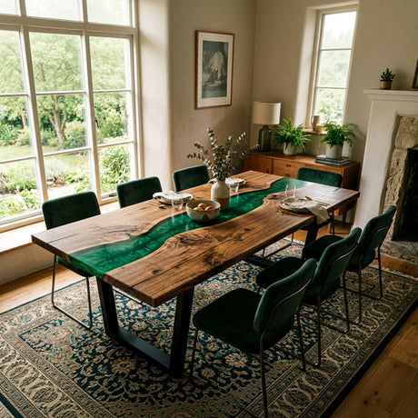 Epoxy River Table Walnut Forest Green Rectangular Straight Edge Dining Table Top ECT - 291 - Elitecustomtable