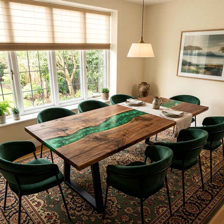 Epoxy River Table Walnut Forest Green Rectangular Straight Edge Dining Table Top ECT-291