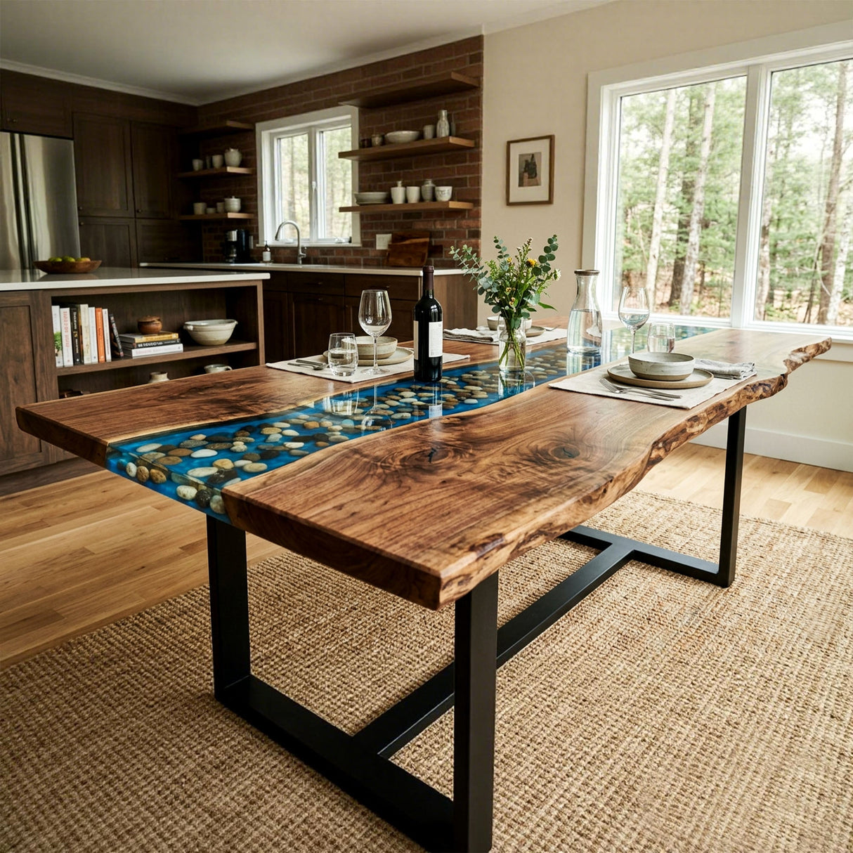 Epoxy River Table Walnut Pebble River Blue Rectangular Live Edge Dining Table Top ECT - 294 - Elitecustomtable
