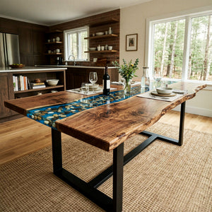 Epoxy River Table Walnut Pebble River Blue Rectangular Live Edge Dining Table Top ECT - 294 - Elitecustomtable