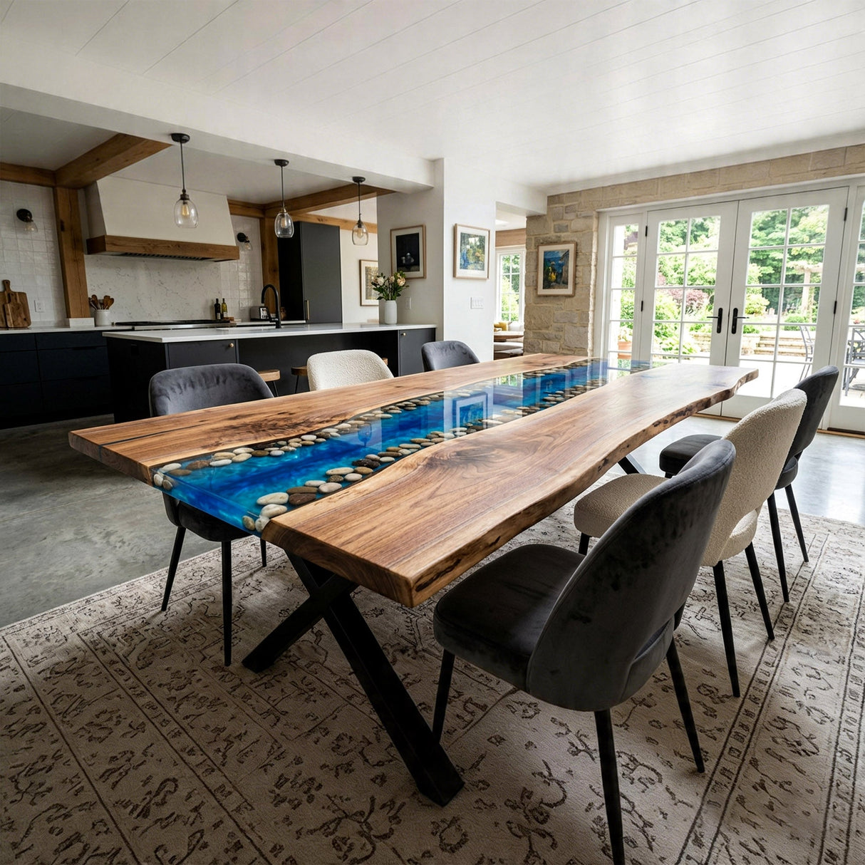 Epoxy River Table Walnut Pebble River Blue Rectangular Live Edge Dining Table Top ECT - 294 - Elitecustomtable