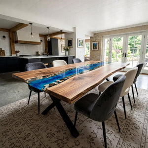 Epoxy River Table Walnut Pebble River Blue Rectangular Live Edge Dining Table Top ECT - 294 - Elitecustomtable
