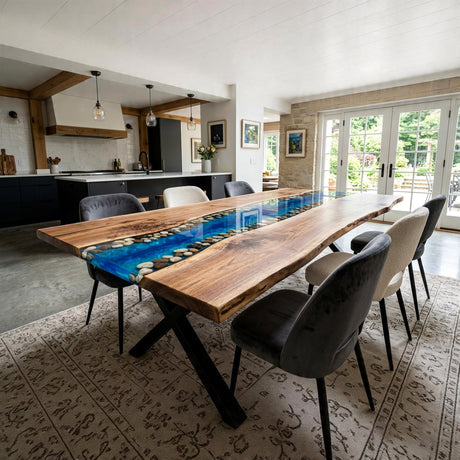 Epoxy River Table Walnut Pebble River Blue Rectangular Live Edge Dining Table Top ECT - 294 - Elitecustomtable