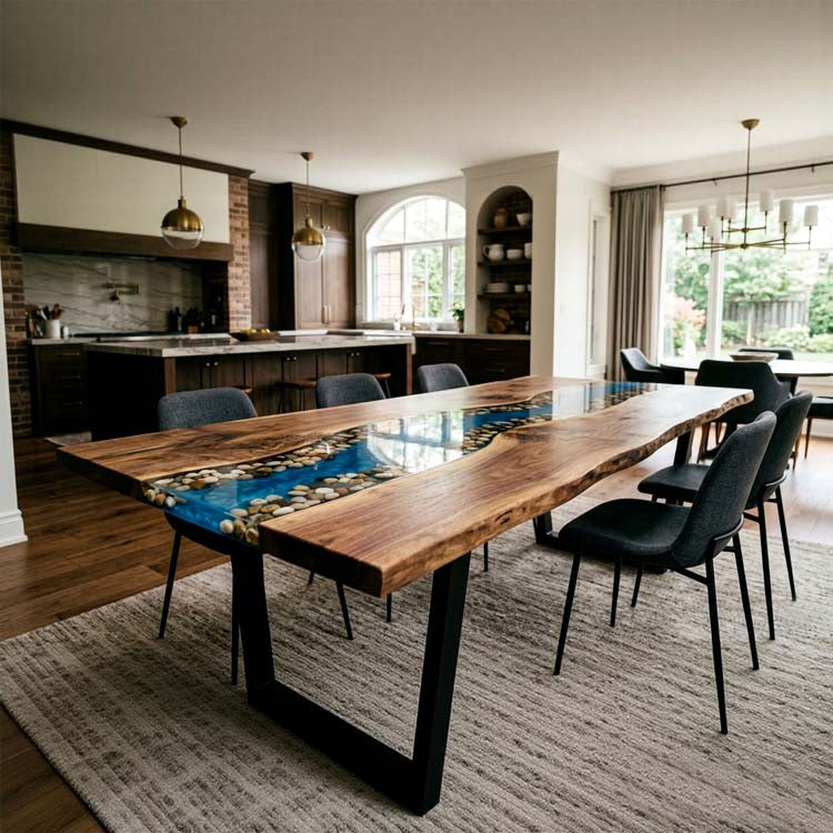 Epoxy River Table Walnut Pebble River Blue Rectangular Live Edge Dining Table Top ECT-294