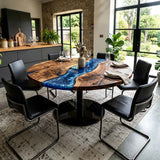 Epoxy River Table Walnut Sapphire Blue Round Straight Edge Dining Table Top ECT - 289 - Elitecustomtable