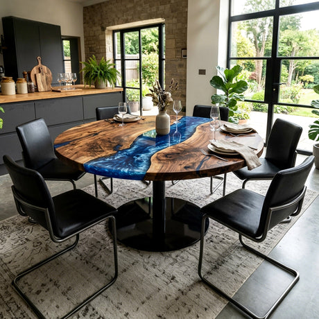 Epoxy River Table Walnut Sapphire Blue Round Straight Edge Dining Table Top ECT - 289 - Elitecustomtable