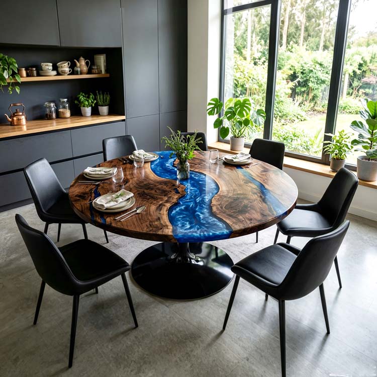 Epoxy River Table Walnut Sapphire Blue Round Straight Edge Dining Table Top ECT-289