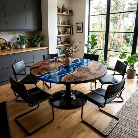 Epoxy River Table Walnut Sapphire Blue Round Straight Edge Dining Table Top ECT - 289 - Elitecustomtable