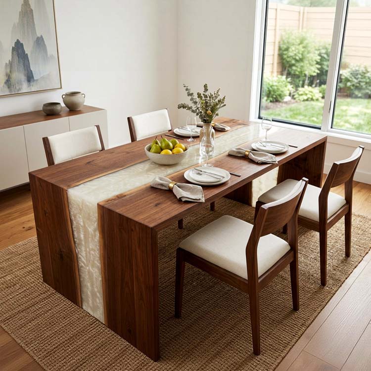 Epoxy Waterfall Table Walnut Pearl White Rectangular Straight Edge Dining Table ECT-309