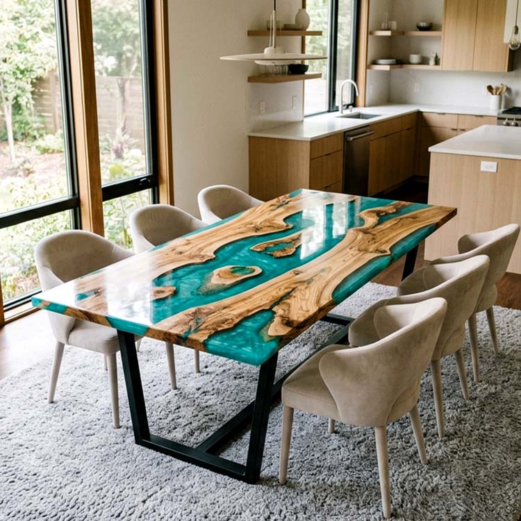 Epoxy Wood Table Olive Wood Aqua Teal Rectangular Straight Edge Dining Table Top ECT-293