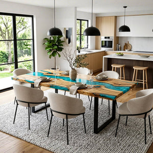 Epoxy Wood Table Olive Wood Aqua Teal Rectangular Straight Edge Dining Table Top ECT - 293 - Elitecustomtable