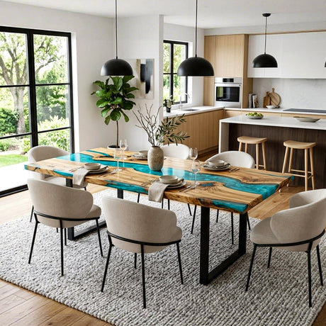 Epoxy Wood Table Olive Wood Aqua Teal Rectangular Straight Edge Dining Table Top ECT - 293 - Elitecustomtable