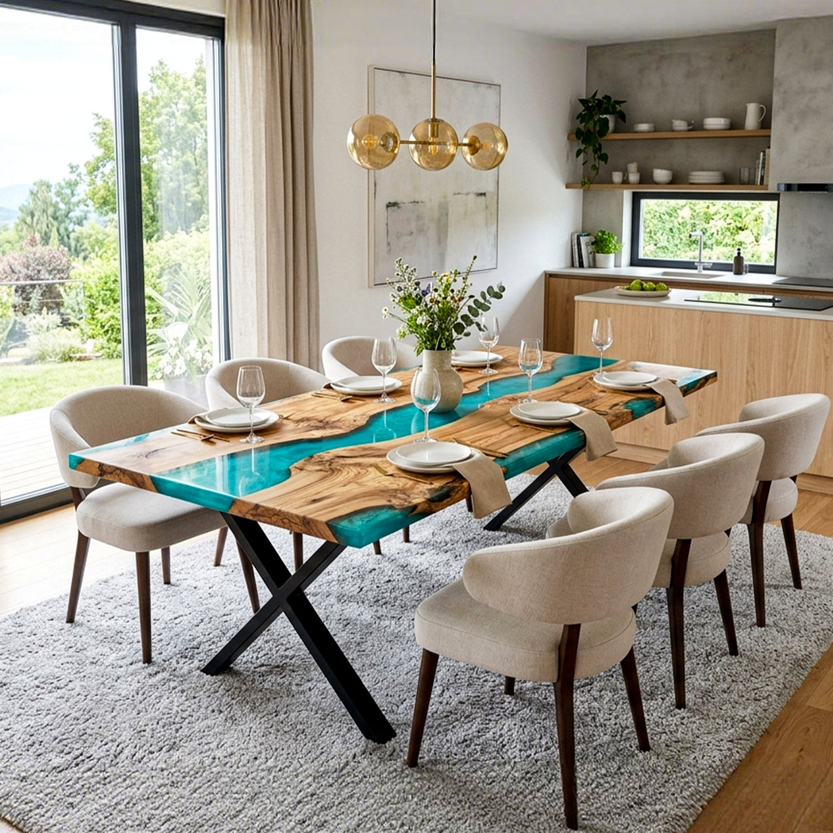 Epoxy Wood Table Olive Wood Aqua Teal Rectangular Straight Edge Dining Table Top ECT - 293 - Elitecustomtable