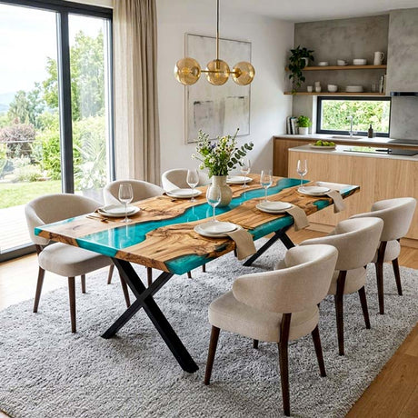 Epoxy Wood Table Olive Wood Aqua Teal Rectangular Straight Edge Dining Table Top ECT - 293 - Elitecustomtable