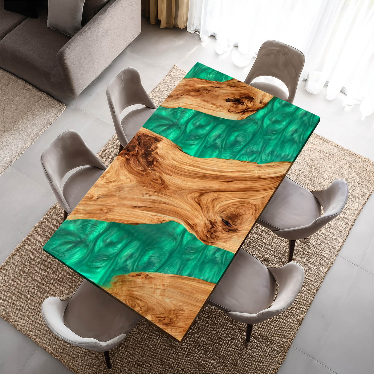 Epoxy Wood Table Olive Wood Jade Pearl Green Rectangular Straight Edge Dining Table ECT - 305 - Elitecustomtable