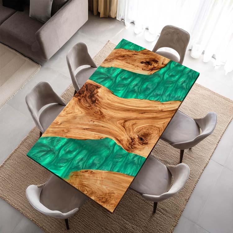 Epoxy Wood Table Olive Wood Jade Pearl Green Rectangular Straight Edge Dining Table ECT-305