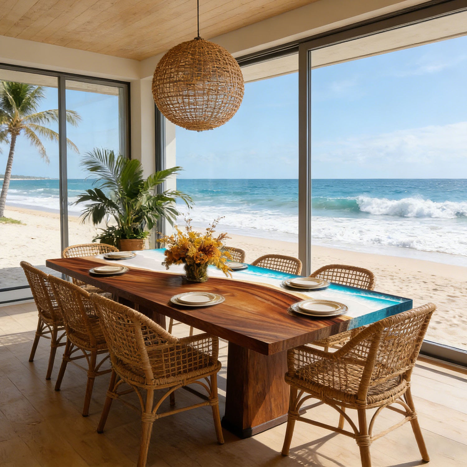 Elite Luxury Walnut Ocean Wave Resin Dining Table – Modern Straight Edge Coastal Centerpiece ECT-279