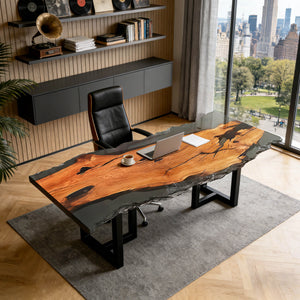 Elite Olive Wood Office Desk – Luxury Translucent Black Resin Straight Edge Workspace ECT-283
