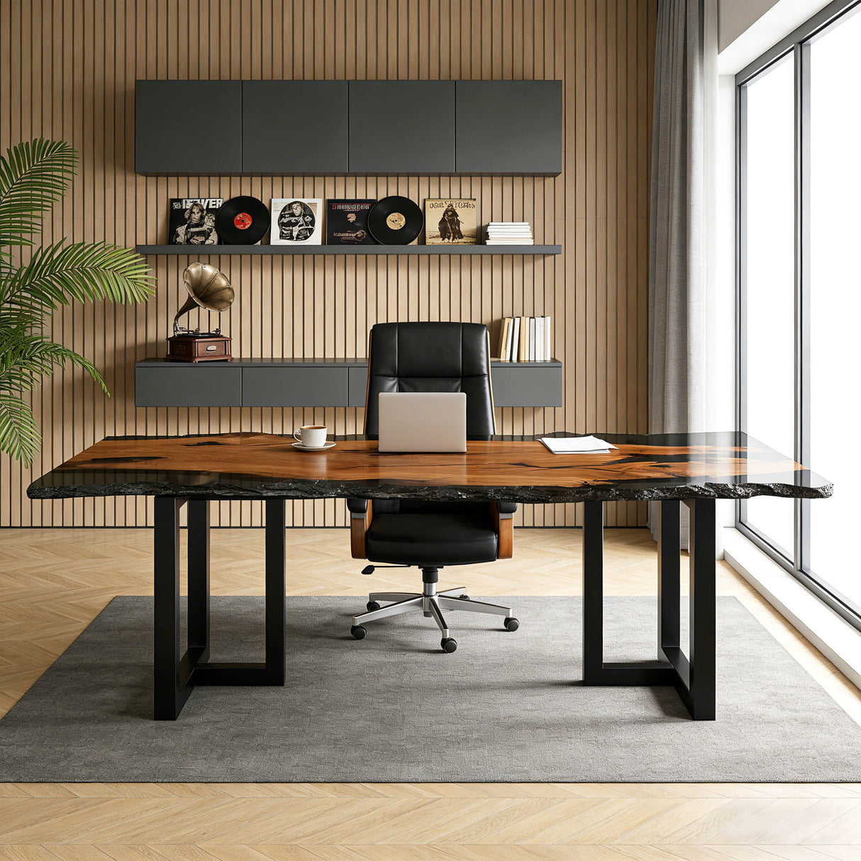 Elite Olive Wood Office Desk – Luxury Translucent Black Resin Straight Edge Workspace ECT-283