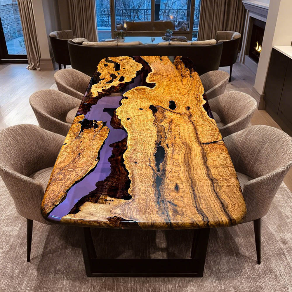 Elite Curved - Edge Olive Wood Dining Table with Purple Resin Inlay ECT - 234