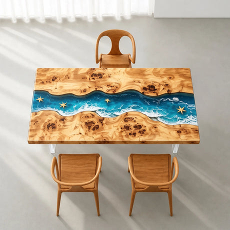 High-gloss poplar coffee tabletop featuring translucent blue epoxy resin, layered ocean wave effects, decorative starfish, and natural wood knots