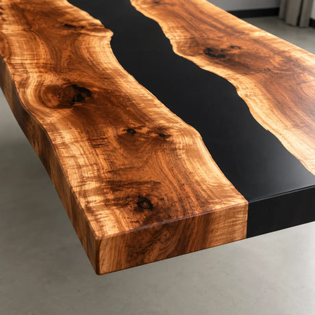 Glossy walnut epoxy table with a solid black resin river, beautiful wood knots, and contrasting golden brown grain patterns