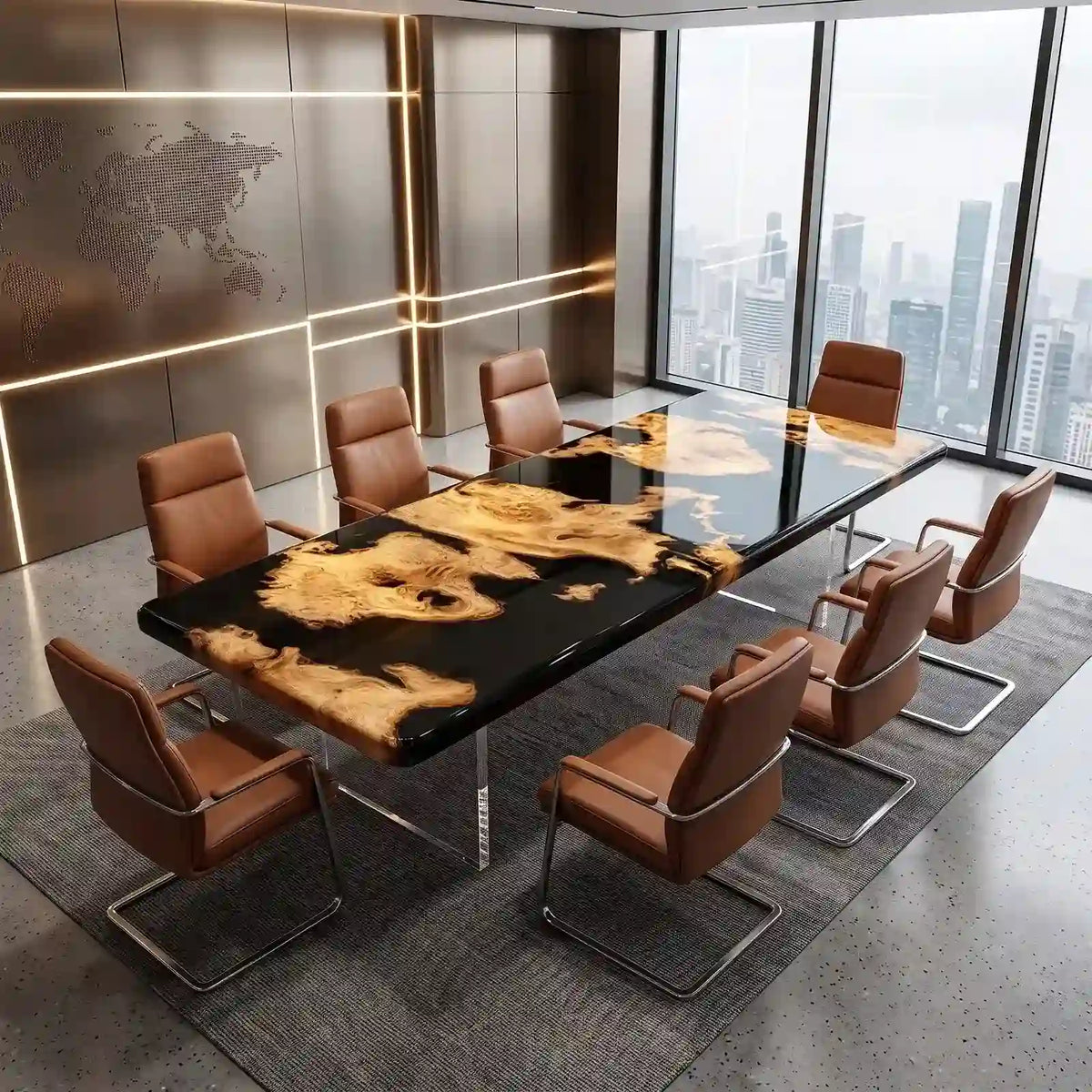 Luxury golden camphor wood conference table featuring glossy black epoxy resin, dramatic natural wood grain, and a modern executive design