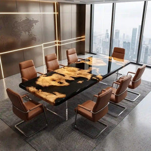 Luxury golden camphor wood conference table featuring glossy black epoxy resin, dramatic natural wood grain, and a modern executive design