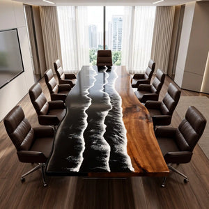 High-gloss black walnut tabletop featuring reflective black epoxy resin, layered white wave details, and beautifully figured natural wood