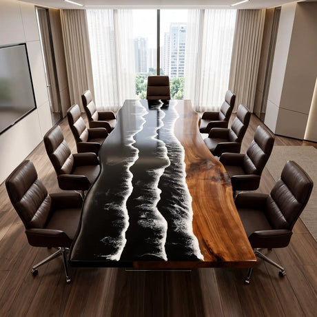 High-gloss black walnut tabletop featuring reflective black epoxy resin, layered white wave details, and beautifully figured natural wood