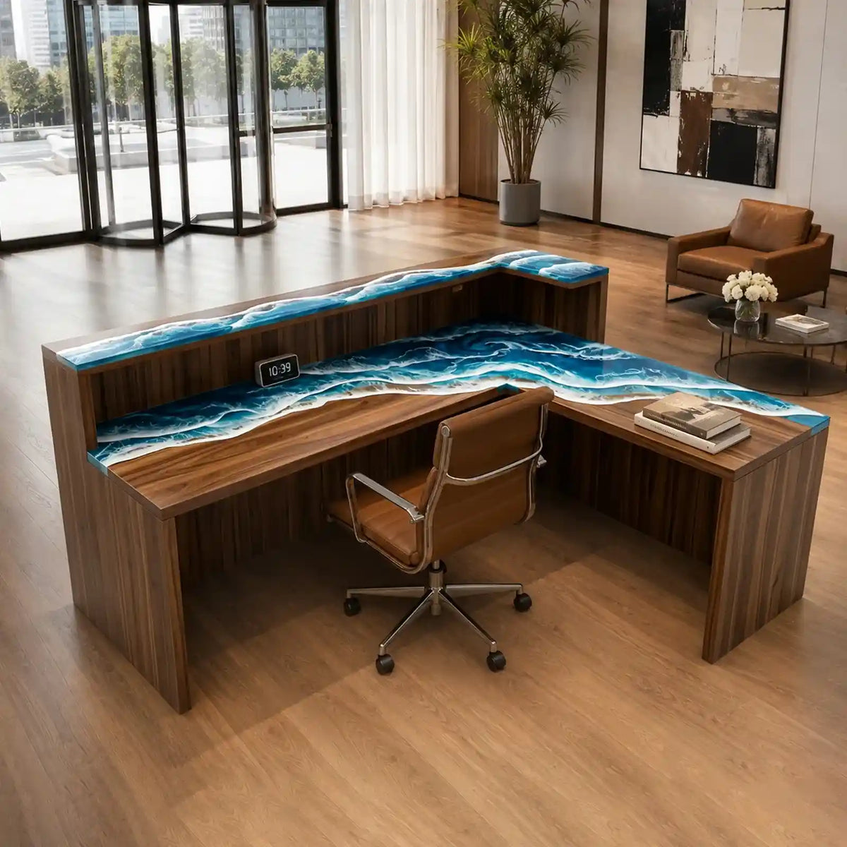 High-gloss walnut reception countertop featuring turquoise blue epoxy resin, intricate white wave details, and beautifully figured natural wood