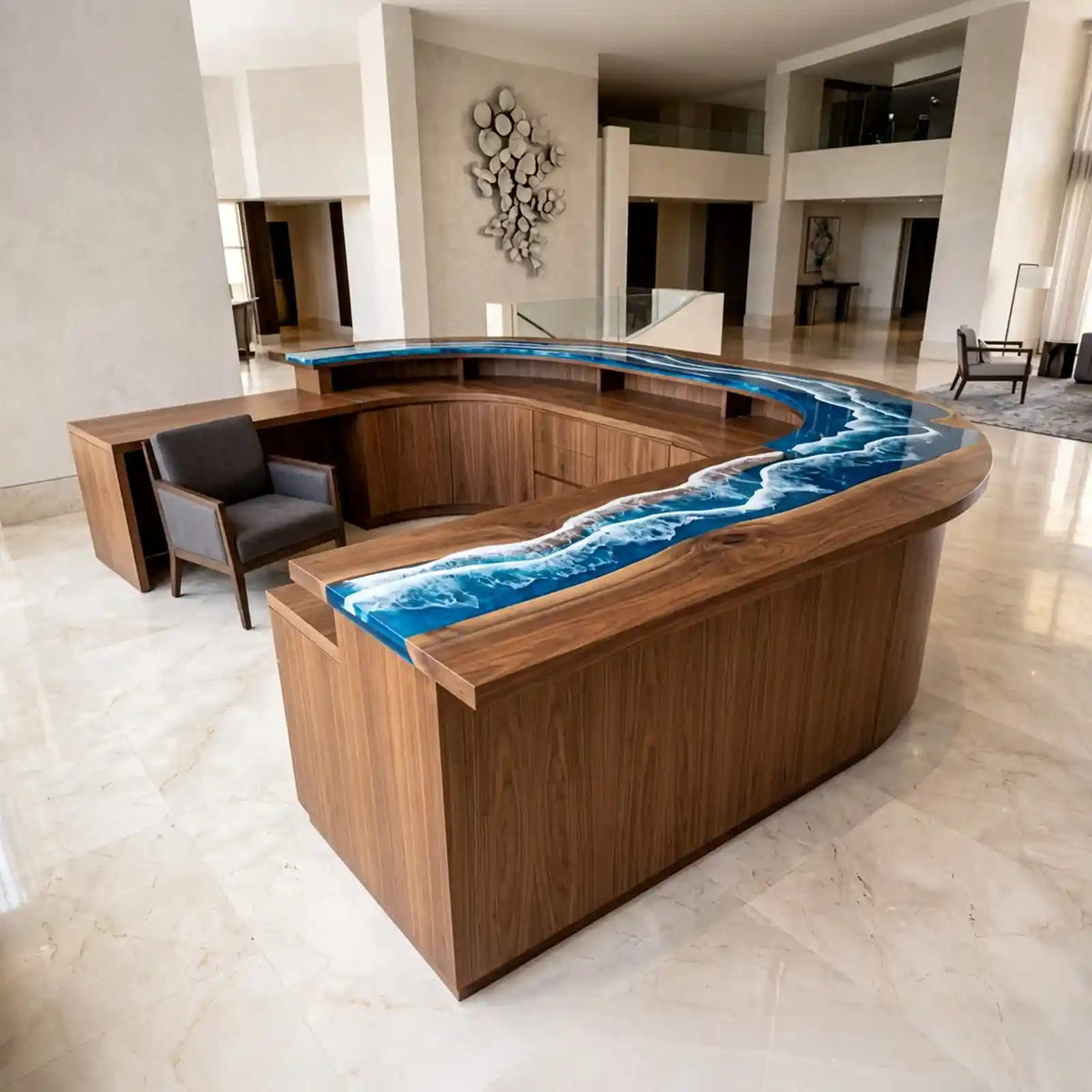 High-gloss walnut reception countertop featuring layered blue ocean resin, delicate white wave patterns, and a smooth flowing curved edge