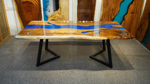In-Stock Walnut Live Edge Blue Epoxy Resin Dining Table 42" × 84" - Elitecustomtable