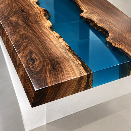 Large live edge black walnut boardroom table with a flowing blue epoxy resin river and spacious rectangular design for executive meetings
