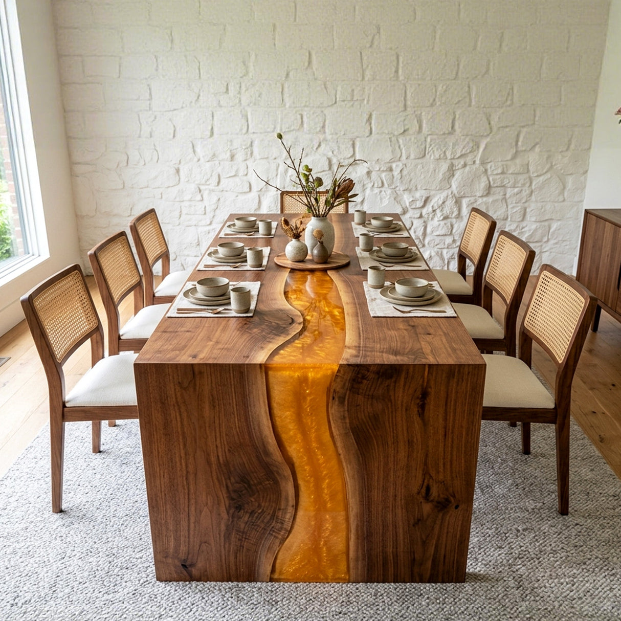 LED Epoxy Table Walnut Amber Glow Rectangular Straight Edge Dining Table ECT - 310 - Elitecustomtable