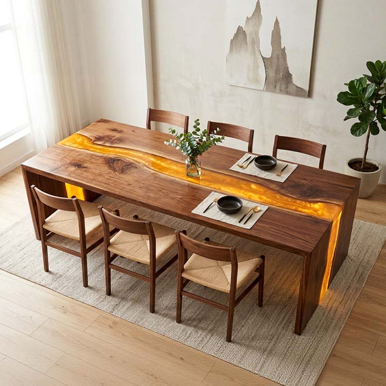 LED Epoxy Table Walnut Amber Glow Rectangular Straight Edge Dining Table ECT-310